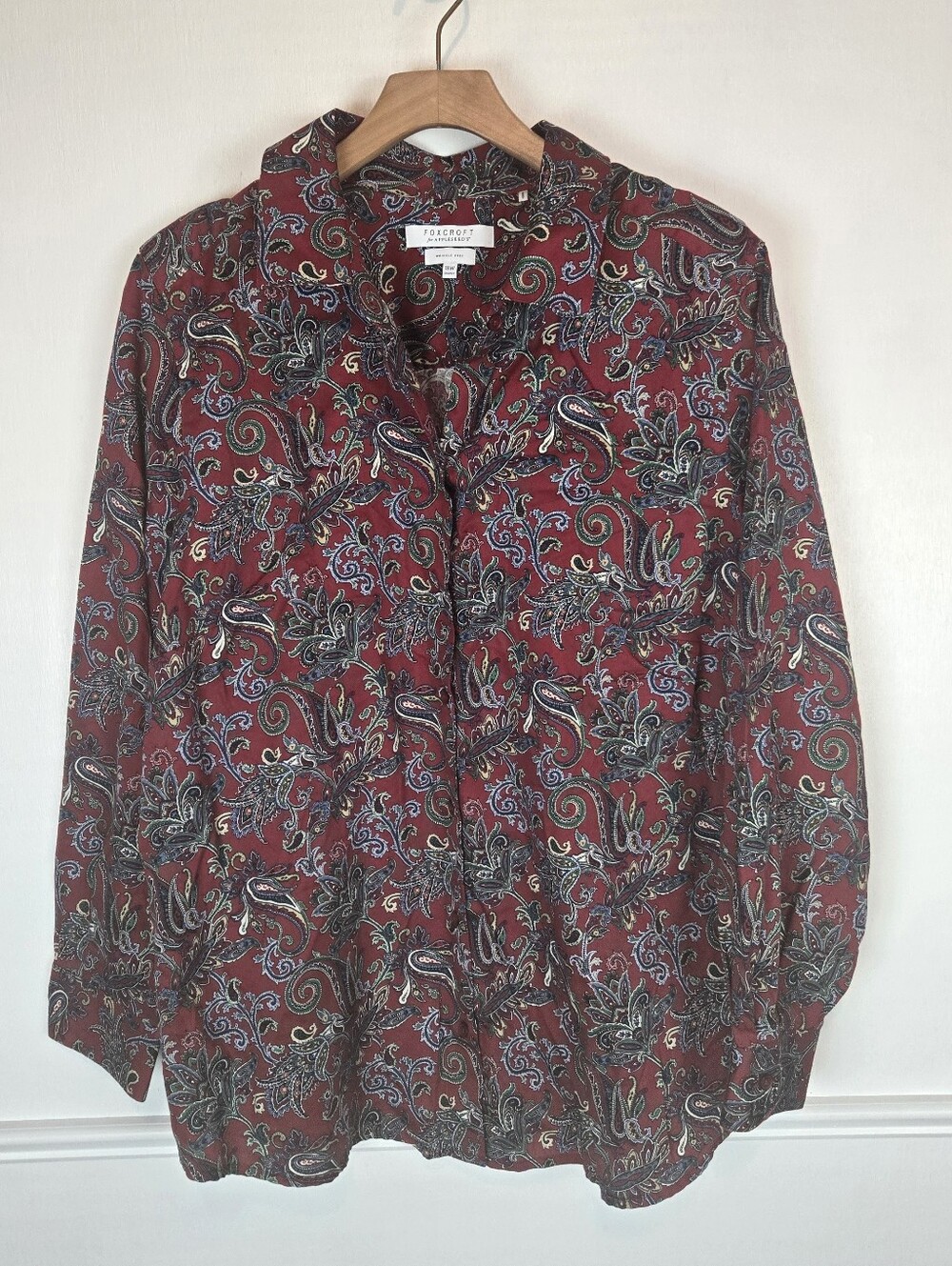 Foxcroft 100% Cotton Paisley Button-Down Shirt Burgundy Classic Long Sleeve 18W